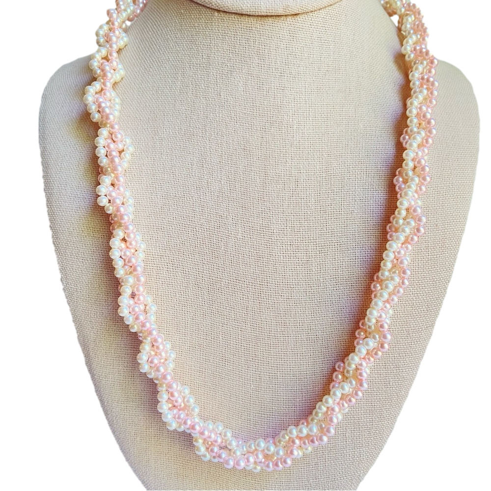 Pink and white mini faux pearl necklace with four intertwined strands 24 inch